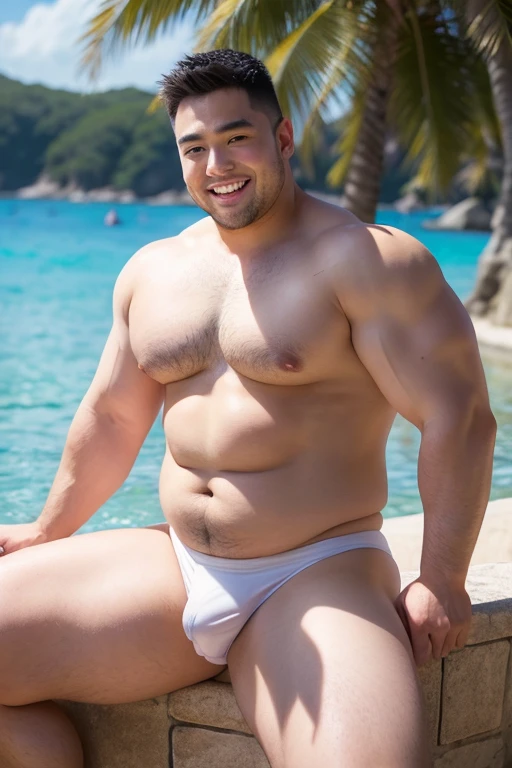 ((highest quality)), ((masterpiece)), (detailed), (Perfect Face), 4k, Shaved head, Young Japanese, Muscular, Fat body, Very big man, smile, small white swimsuit made of thin fabric, Well-groomed fat face, Naked, Have power, Sitting with legs spread very wide, Highlights very thick thighs, Raising his armanly chest, topless, Pink nipples, Thick arms, Thick neck, Emphasizes a very large swimsuit bulge, Pale skin, Emphasize the lower body, Front facing shot, Very thick thighs, Round face, Plump, Fat, Raise thighs high, Forehead is narrow, Male eye, Facial muscle, Male face, grin, spread legs, Leaning back, wet, bulgeJ8, big bulging crotch, 