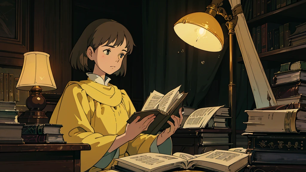 A girl, ensconced in a cozy corner on a rainy evening, sits surrounded by a jumble of books with an intensely profound study attitude. The soft yellow glow of the desk lamp illuminates her thoughtful expression, revealing her deep concentration and composed posture. Her inquisitive eyes dart back and forth between the pages, her nimble fingers turning them with subtle tilt, as she absorbs the old world wisdom contained within. The timeworn margins and sultry aura of the books add to the quiet night ambiance, creating a peaceful and tranquil countenance. This scholarly young woman, clad in plain attire, appears to be a seeker of knowledge and intellect,Width cat