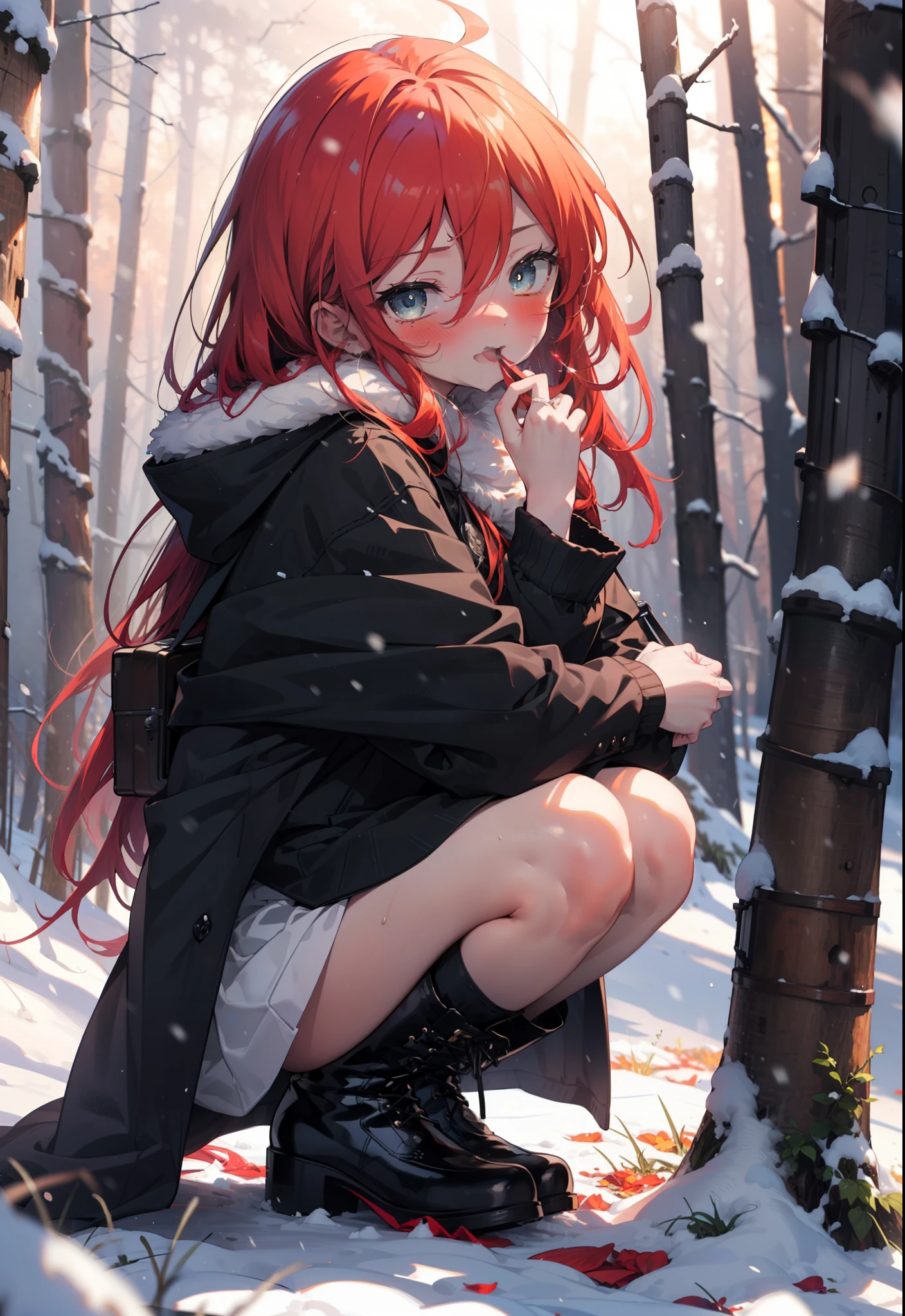 Shana,灼眼のShana,Long Hair, Redhead, Red eyes,Ahoge,,smile,blush,White Breath,
Open your mouth,snow,Ground bonfire, Outdoor, boots, snowing, From the side, wood, suitcase, Cape, Blurred, , forest, White handbag, nature,  Squat, Mouth closed, Cape, winter, Written boundary depth, Black shoes, red Cape break looking at viewer, Upper Body, whole body, break Outdoor, forest, nature, break (masterpiece:1.2), Highest quality, High resolution, unity 8k wallpaper, (shape:0.8), (Beautiful and beautiful eyes:1.6), Highly detailed face, Perfect lighting, Highly detailed CG, (Perfect hands, Perfect Anatomy),