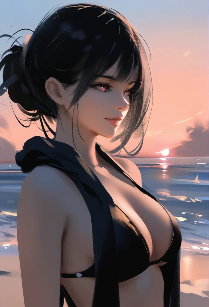 1girl, solo, wlop,
Black hair, gradient eyes, black cloak, black bikini, seductive smile, 
beach, sunset, 
masterpiece, best quality,