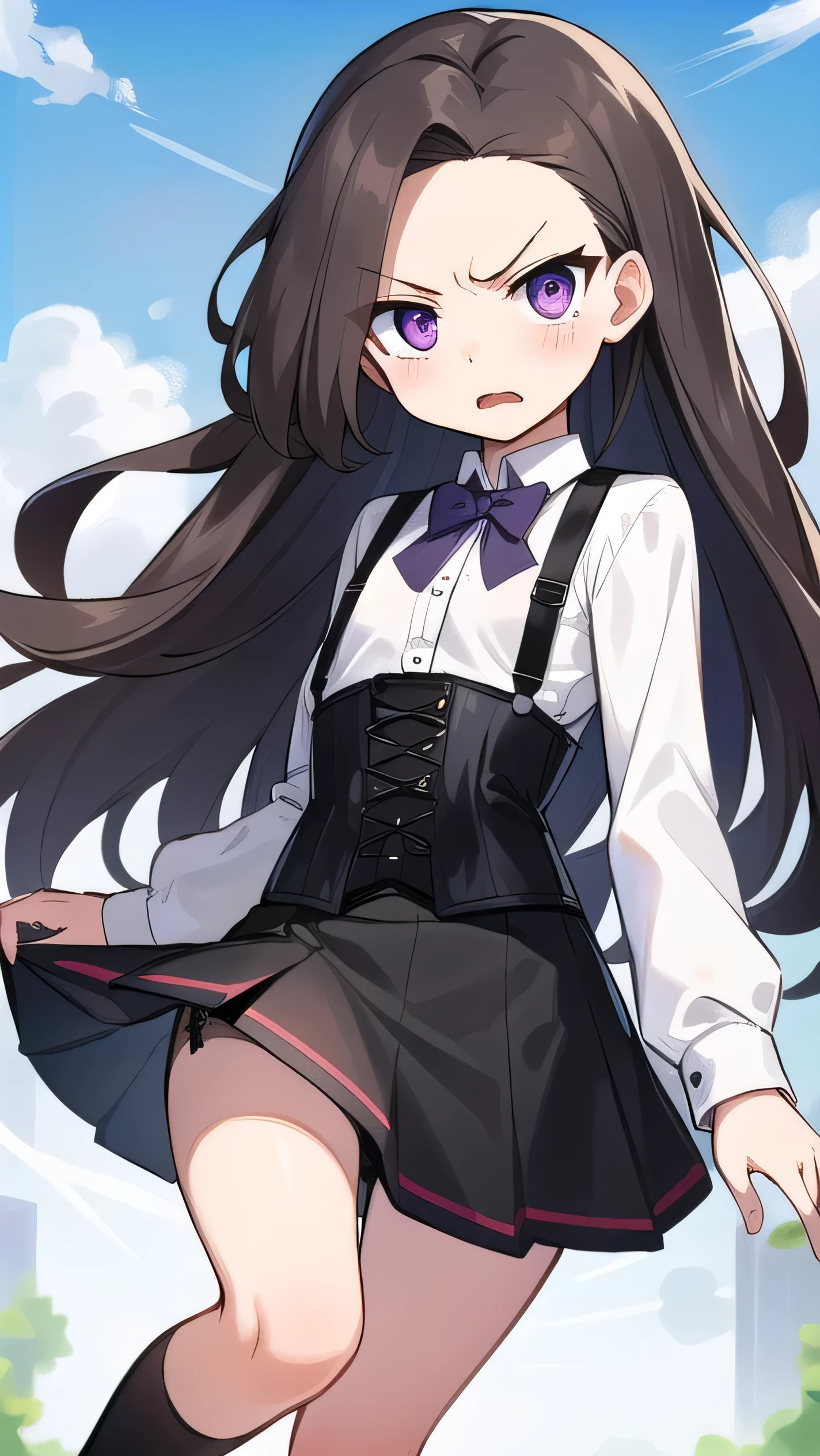 Brown hair, long hair, purple eyes,middle part, wide forehead, white shirt, long sleeves, (black corset:1.2), black miniskirt, black knee socks, middle school student, flat chest , short, narrow eyes, hanging eyes, forehead, straight hair, suspender, anger