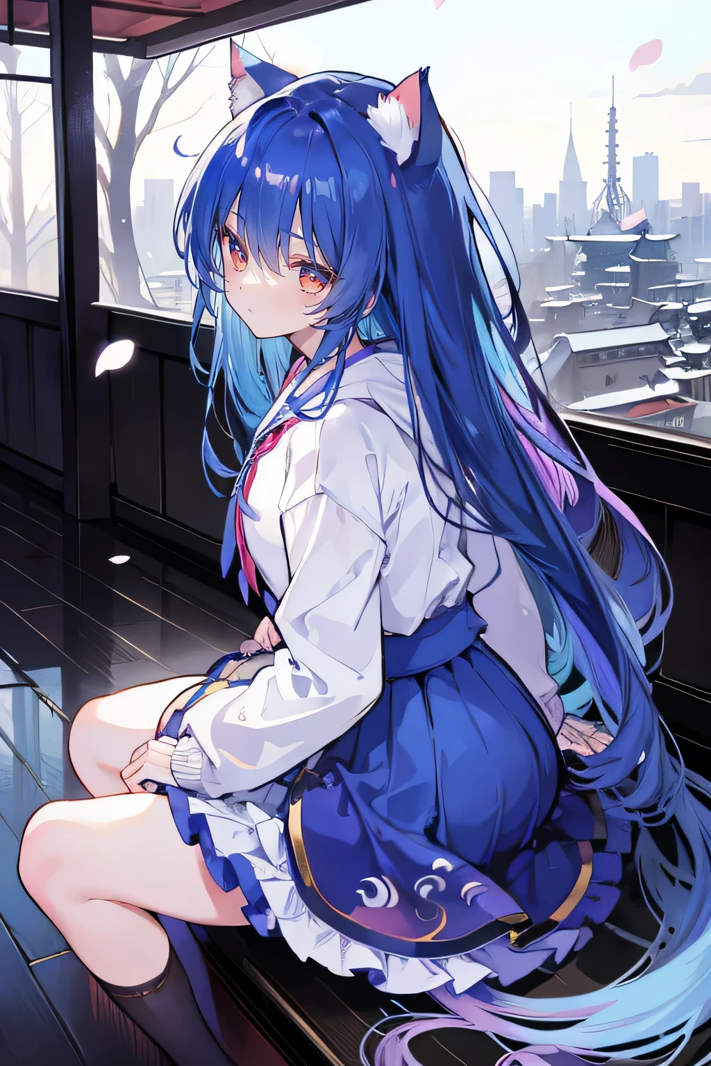 (masterpiece:1.2),Super detailed,lifelike,Expressive eyes,fair skin,perfect face shape,1 girl,
Japanese comics,Gorgeous blue hair,flowing blue hair,flowing clothes,Cat ears,Petals fall,beautiful lola,Baby Angel,
Cross your legs,Gentle and peaceful background,The pavilion is cool and comfortable,smile, wearing hoodie, background of tokyo,back views,snowing, winter.
