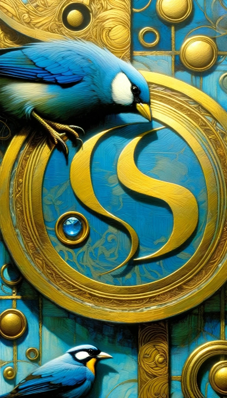 a closeup of a blue letter s with a gold coin in each circle, with a bird (Dave Mckean inspired art, intricate details, oil painting)