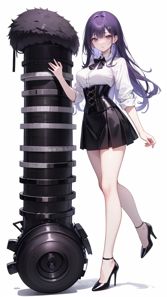 Purple Hair,long hair,Adult female,(suit),White Y-shirt,((Rolling up his sleeves)),(corset),(Black tight skirt),(High heels),Heels are visible,((Simple white background)),smile,((whole body)),((full body)),((((Blank white background))))