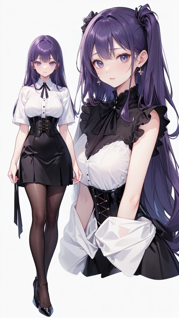 Purple Hair,long hair,Adult female,(suit),White Y-shirt,((Rolling up his sleeves)),(corset),(Black tight skirt),(High heels),Heels are visible,((Simple white background)),smile,((whole body)),((full body)),((((Blank white background))))