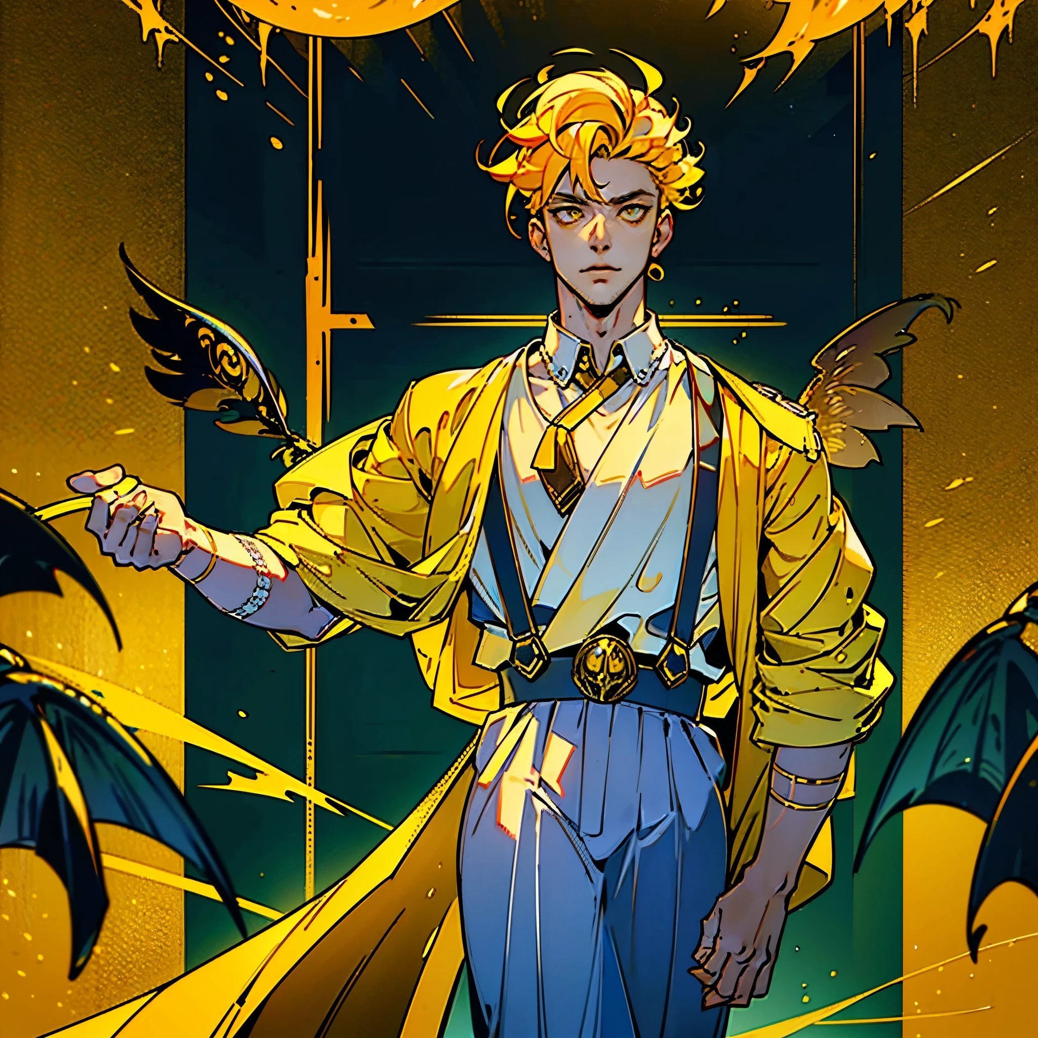 1boy, alone, 25 years old, young, yellow hair, golden eyes, insister sur les reflets des yeux dorés, cheveux blonds, mid lenght hair, boss, formal business outfit, yellow outfit, yellow clothes, black suspenders, arrogant look, hades style, hades game, Jen zee style, bureaucratic themed, workhaholic, bureau, desk, work funiture, yellow themed image, yellow furniture, mustard touches of color, mustard colored walls, kim goo character, kim goo inspiration, kim goo lookism, kim goo manager kim, looking at viewer, flower of the cult vagabondart1 style, khoffi art style, khoffi style