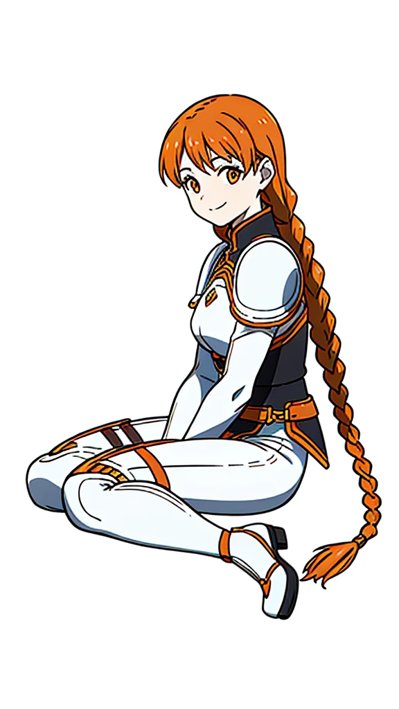 (1girl,20 years old,mature female,solo),tiger ears,long hair,(twin braids),orange hair,white knight armor,(white background,line drawing),black pantyhoses,happy,smile,from side, sitting,full body,
