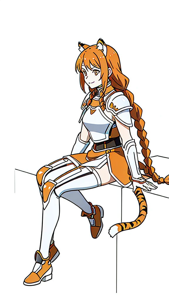 (1girl,20 years old,mature female,solo),tiger ears,long hair,(twin braids),orange hair,white knight armor,(white background,line drawing),black pantyhoses,happy,smile,from side, sitting,full body,