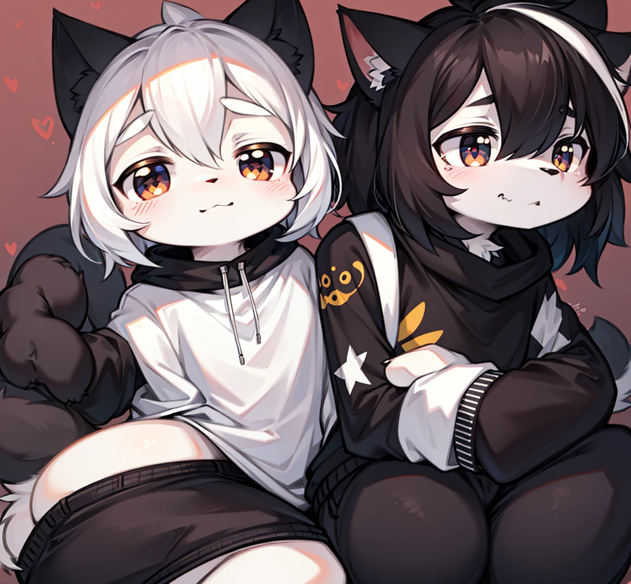 black cat，hairy，furry，Colorful Patterned White Sweatshirt，Black casual pants with white stripes，Q version，cute，Simple art style，Cartoon style，There is little love in the eyes，black pupils，White hair on paws，Black hair on ears, white hair on ear tips，black hair on back，Black tail with white tip，side，dislike，qwq face，sad，Colorful graffiti background, the pupils of the eyes are kinda broken just fix these