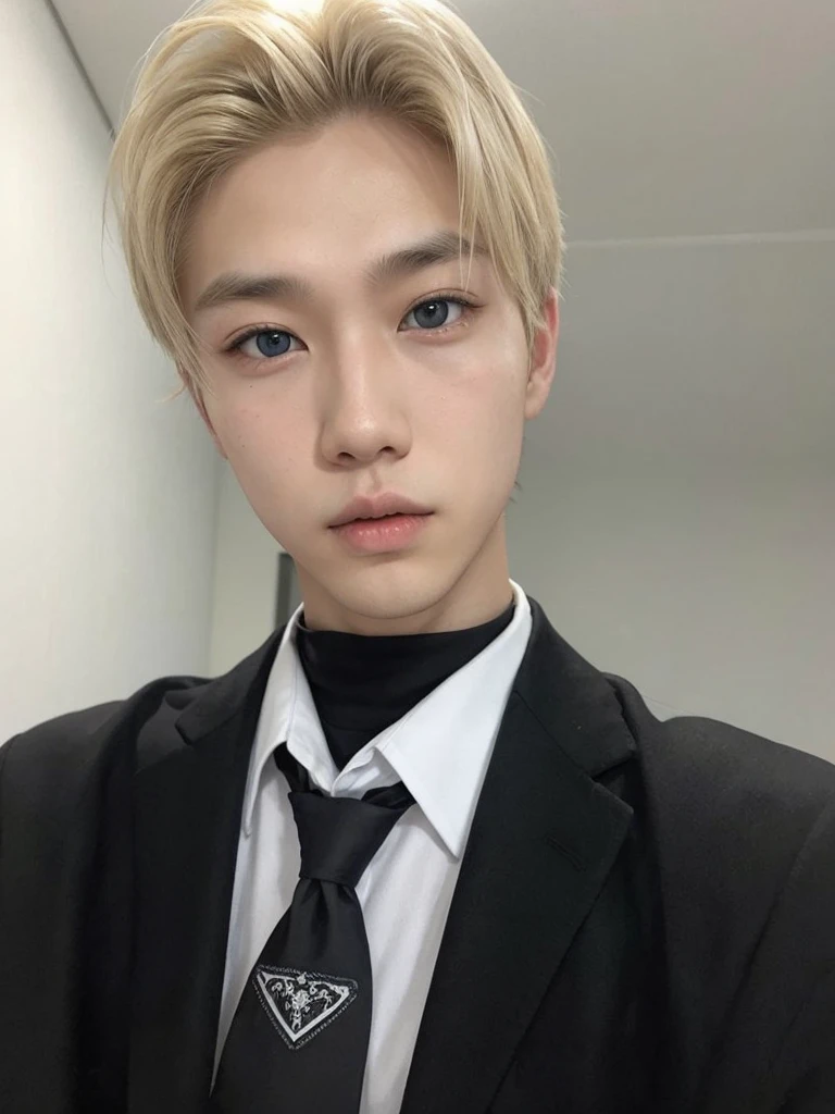 a blond Asian boy in a white room Brown eyes 