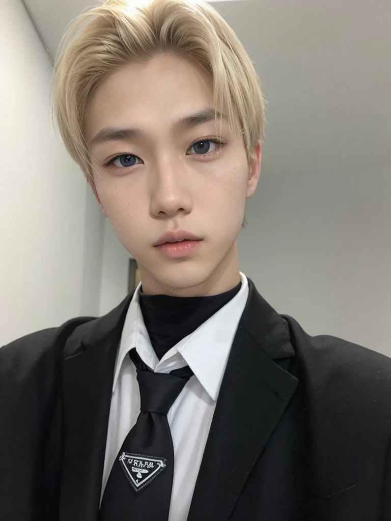 a blond Asian boy in a white room Brown eyes