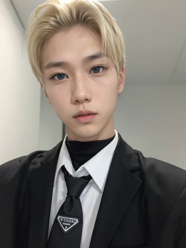 a blond Asian boy in a white room Brown eyes