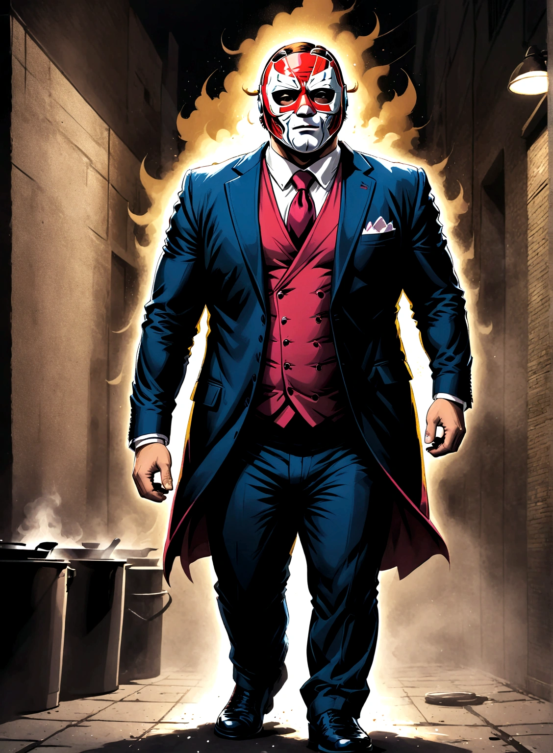 Minimalistic comic artwork of a large man in a business suit, wearing a wrestling mask, cooking in a dark alley, looking back at the camera, crosshatching, 2D, Sharp, Detailed, HD, HDR, High Quality, High Resolution, Masterpiece, single panel