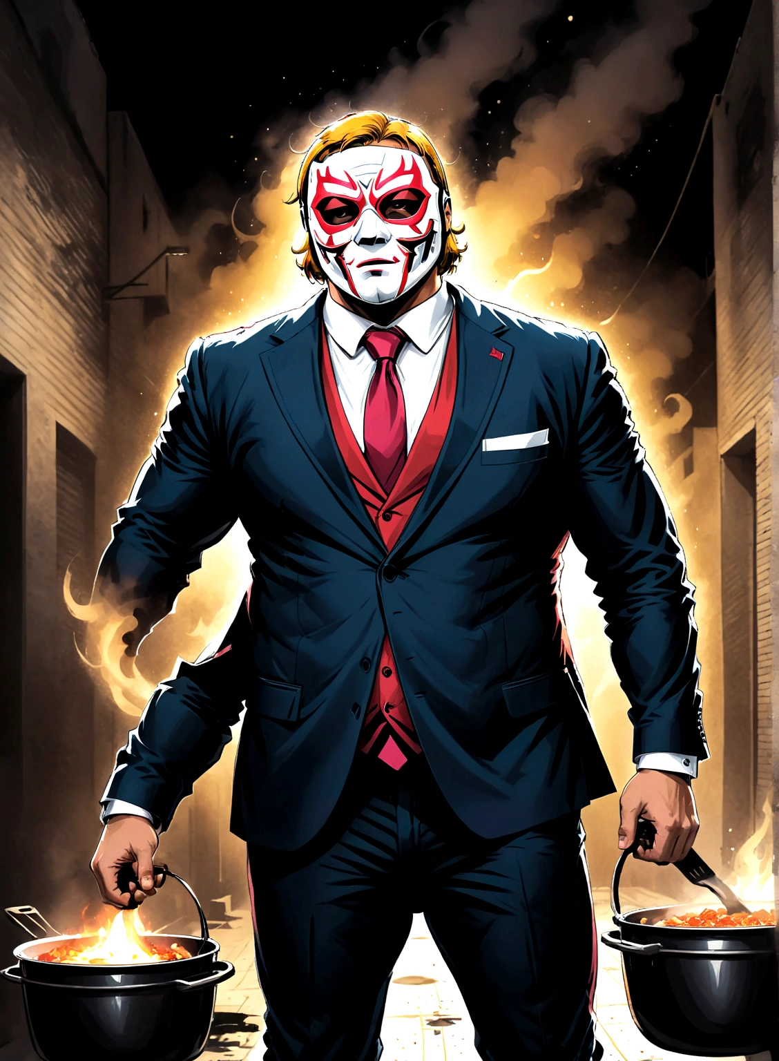 Minimalistic comic artwork of a large man in a business suit, wearing a wrestling mask, cooking in a dark alley, looking back at the camera, crosshatching, 2D, Sharp, Detailed, HD, HDR, High Quality, High Resolution, Masterpiece, single panel