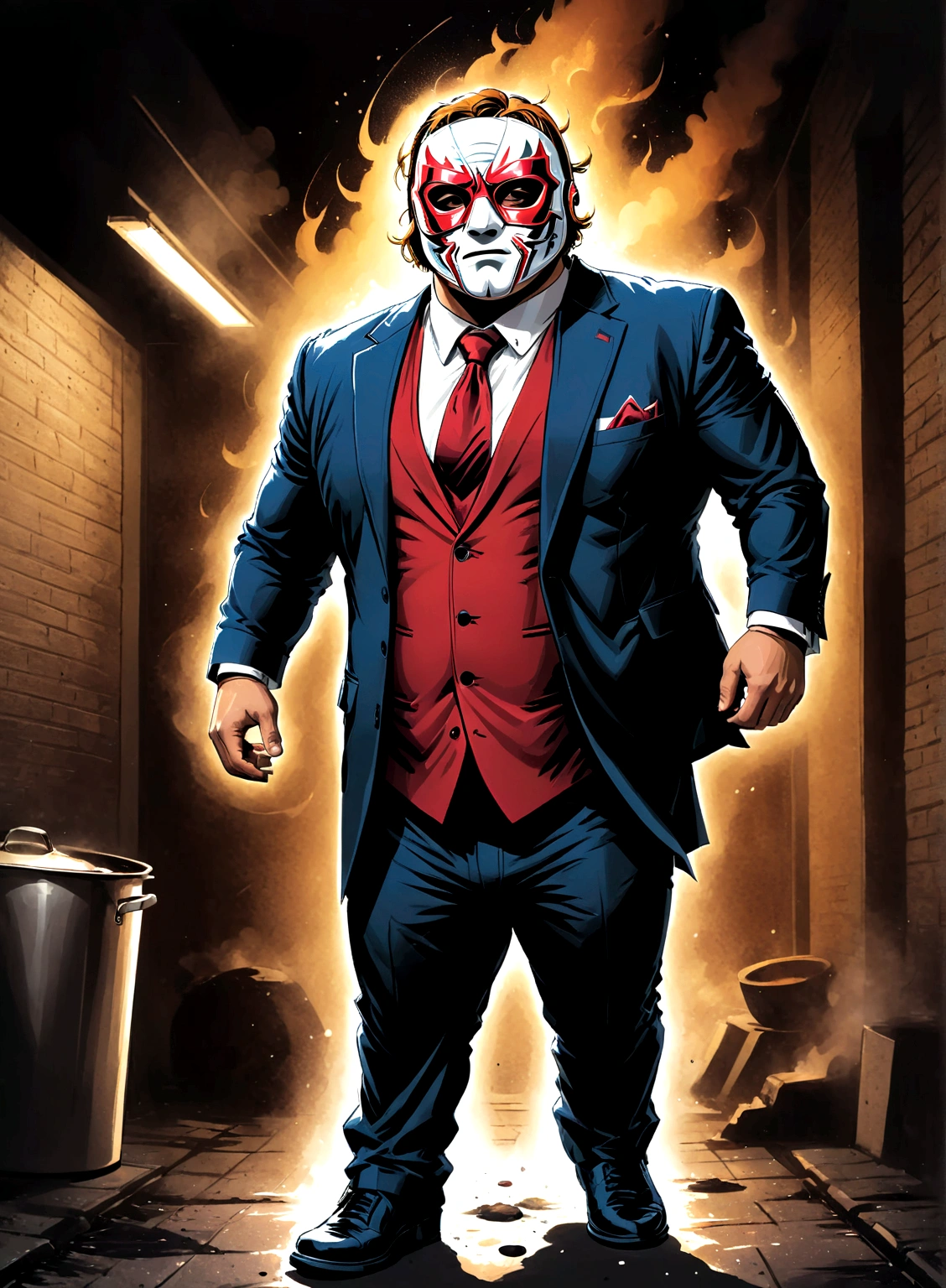 Minimalistic comic artwork of a large man in a business suit, wearing a wrestling mask, cooking in a dark alley, looking back at the camera, crosshatching, 2D, Sharp, Detailed, HD, HDR, High Quality, High Resolution, Masterpiece, single panel