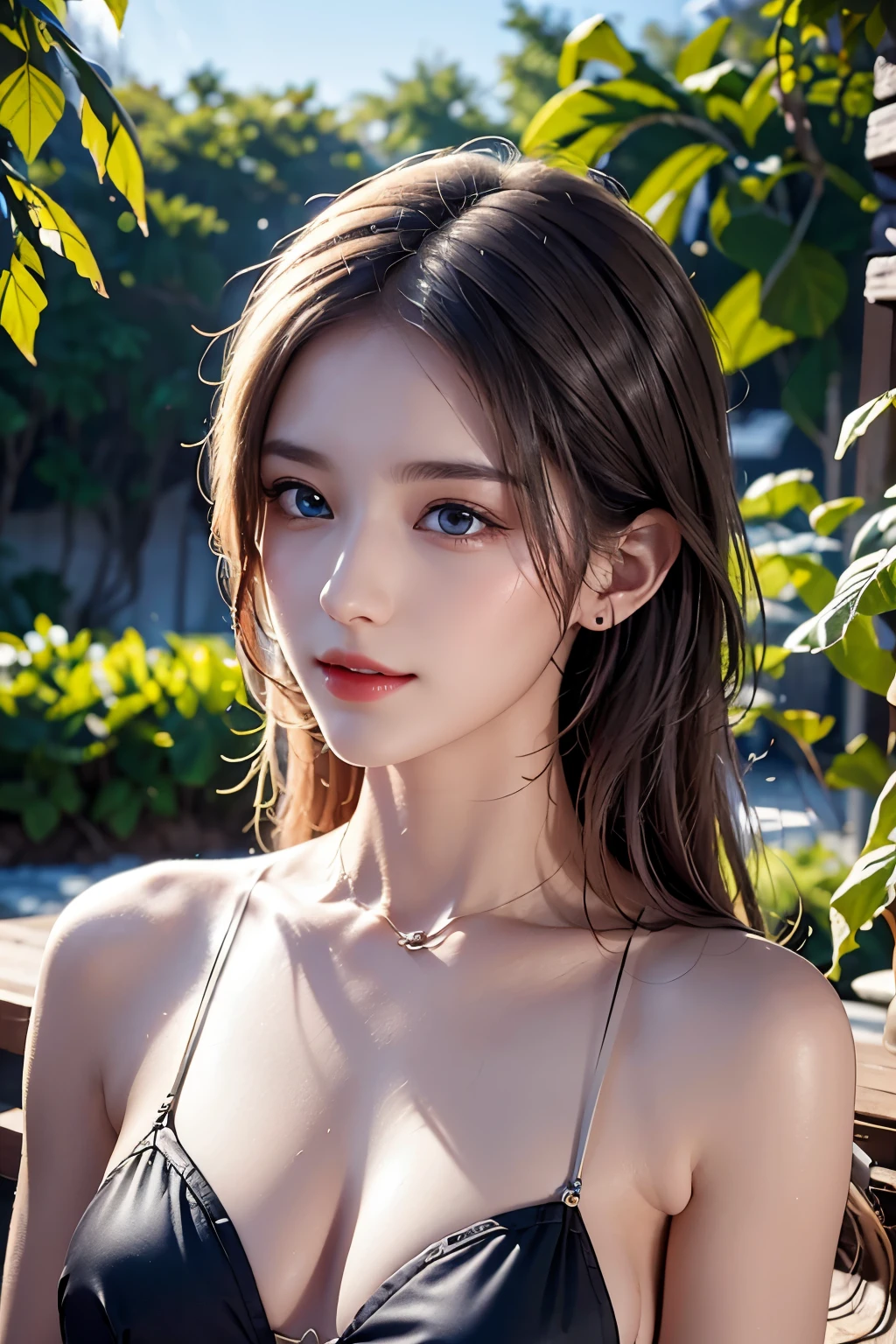 (hight resolution), (8K), (ighly detailed), (The best illustrations), (beatiful detailed eyes), (top-quality), (Ultra-detail), (masterpiece), (wall-paper), (Detailed face), ((top-quality、8K、masterpiece:1.3))、a beauty girl、1 female、Big Tits:1.3、Slender body type:1.1、Toned abs、Happy smiling face、dark brown hair、a pixie cut、(swimming pools、a wet body、Wearing erotic:1.1)、hyperdetailed face、Detailed lips、A detailed eye、double eyelid