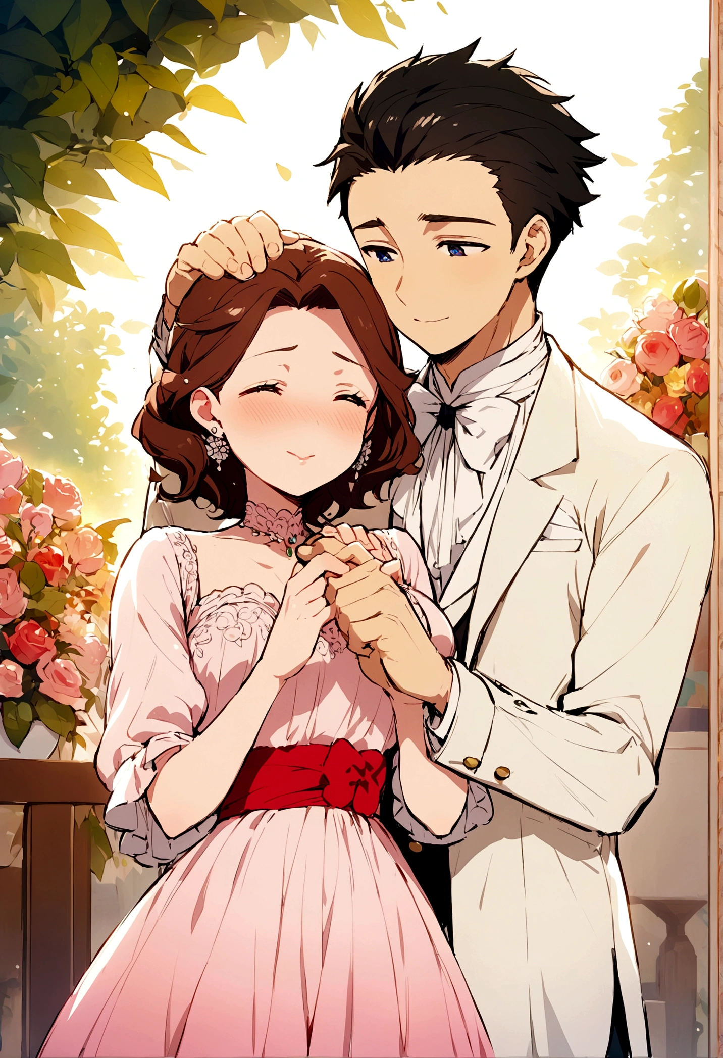 Anime couple,handsome boy pat his cute and pretty girl,shy,chubby,small,high quality