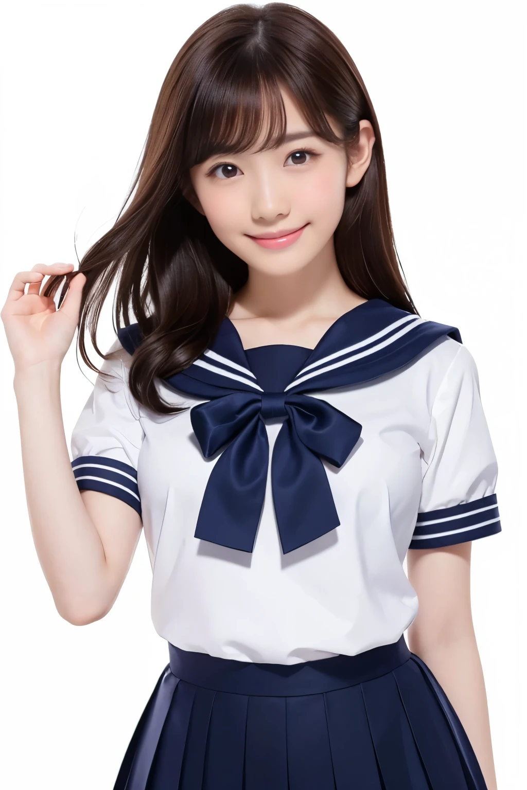 (Highest quality、Tabletop、8K、Best image quality、Award-winning works)、Beautiful school girl、(Perfect Sailor Suit:1.2)、(Navy Pleated Skirt:1.1)、Female portrait photography、Glowing Skin、Brown Hair、Standing Elegantly、(The simplest pure white background:1.2)、(Large Breasts:1.2)、(Accentuate your body lines:1.1)、(Face close-up:1.1)