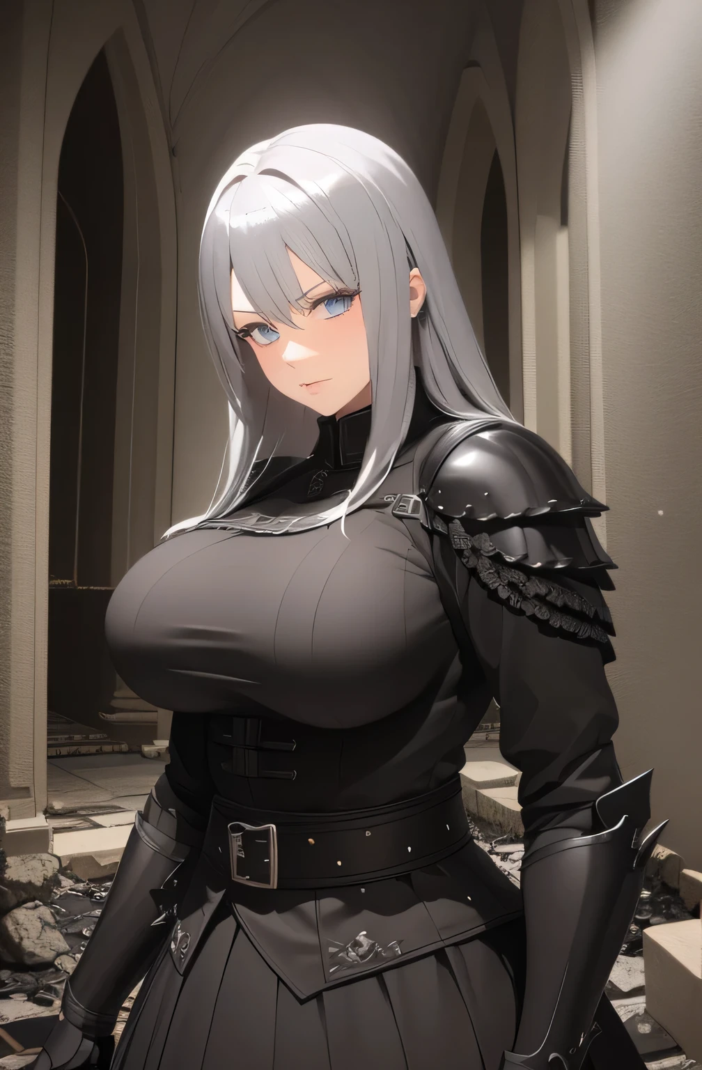 (((masterpiece))), Highest quality, Very detailed, Jet-black swordsman, dark Knight, Black Armor, Black belt, Gothic, Temple, an abandoned church, Dark Places, Gray Hair, Silver Hair, Tearing my heart out, Fluffy Hairstyles, Elastic breasts, ((Huge breasts)).