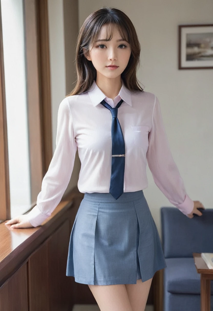 , Real、high resolution、1oldman and 1girl、24talent、Perfect Face:1.3、Beautiful woman 1:5、A peerless beauty、cute、Japanese women、Medium Long、Natural Makeup、Office Lady、、Light blue dress shirt、Navy Blue Skirt、Pink 、Pink 、 with lace、Slender、 Her skirt is flipped up,All the buttons on his shirt are undone、(show off )、An old man is a woman's ,an oldman spread her