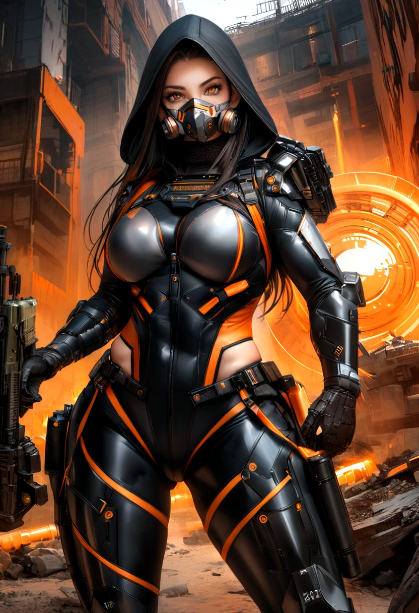 Hyper-realistic Athletic and toned female with shoulder-length black hair with orange streaks and brown eyes. She is an explosives expert, skilled in demolition, engineering, gadget creation, and hand-to-hand combat, The Costume consists of a black armored suit with reinforced plating and orange lines running along the seams, a full-face mask with a digital display in black with glowing orange accents, a black hood with an orange interior and tactical enhancements, and weapons including small explosive devices and a high-tech crossbow in black and orange, Geographic Data in Detailed Hyper-Realism Photoshoot Style
