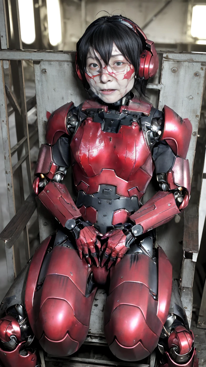 Rough skin, Very detailed, Advanced Details, high quality, 最high quality, High resolution, 1080P 、、Red Armor、Wearing red and black、cute((During a break))(Wearing a damaged cyborg suit...)(Red Armor)(Broken Armor)Black Hair、、Soaking wet、、、Sweaty face、Beautiful Face、cute、knock down、Drooling、　　(Steam coming out of the face) ((Steam from the body)) Sit on a chair　Filming locations　I can see the vagina　Open the crotch to the front　look up