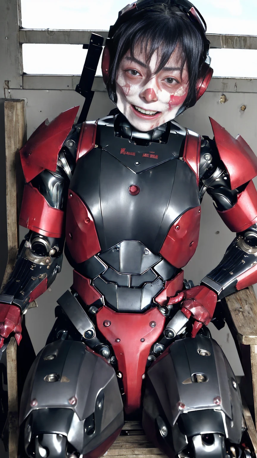 Rough skin, Very detailed, Advanced Details, high quality, 最high quality, High resolution, 1080P 、、Red Armor、Wearing red and black、cute((During a break))(Wearing a damaged female robot suit...)(Red Armor)(Broken Armor)Black Hair、、Soaking wet、Transformers、、Sweaty face、Beautiful Face、cute、knock down、よだれing from the mouth、Elementary school girl　　(Steam coming out of the face) ((Steam from the body)) Sit on a chair　Filming locations　I can see the 　Open the crotch to the front　look up