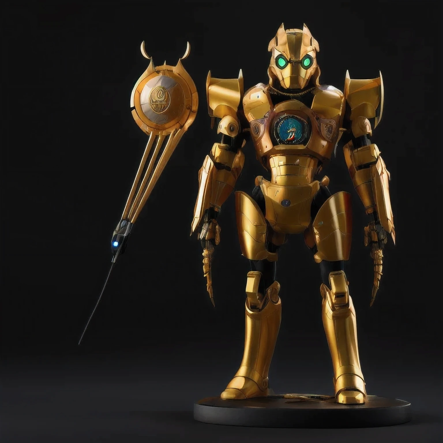 statue of a golden robot on a black surface, cute elaborate epic robot, greek in mecha style, cyber steampunk 8 k 3 d, detailed cosmic angelic robot, the golden humanoid robot, sci - fi armour, detailed humanoid, 3 d 8 k octan render, sculpture of moloch, rendered in keyshot