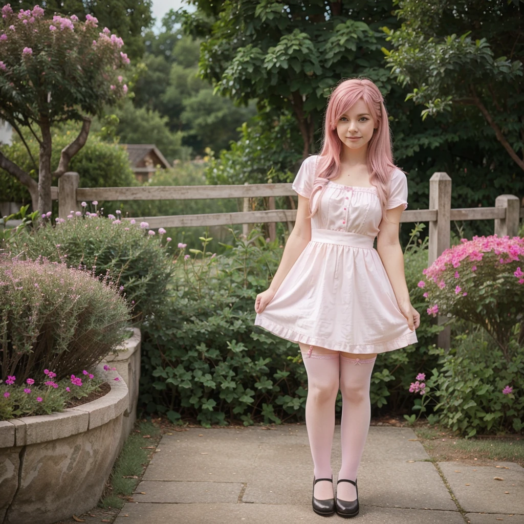 beautiful young girl, pink hair, wearing a dress, wearing cute stockings