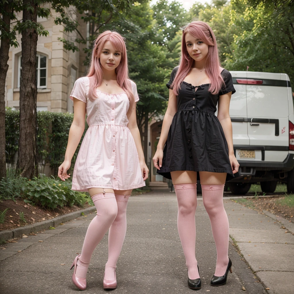 beautiful young girl, pink hair, wearing a dress, wearing cute stockings