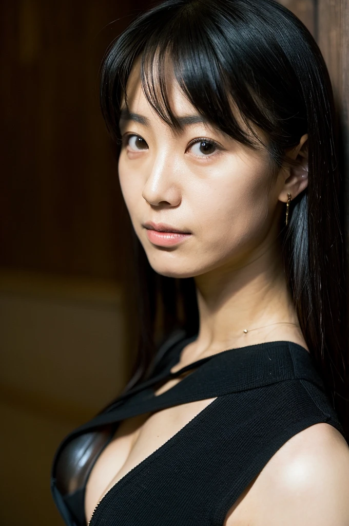a close up of a woman in a black bodysuit posing for a picture, superflat, transgressive art, inspired by Otake Chikuha, kaki body suit, ayami koj ima, high level body suit, japanese model, inio asano