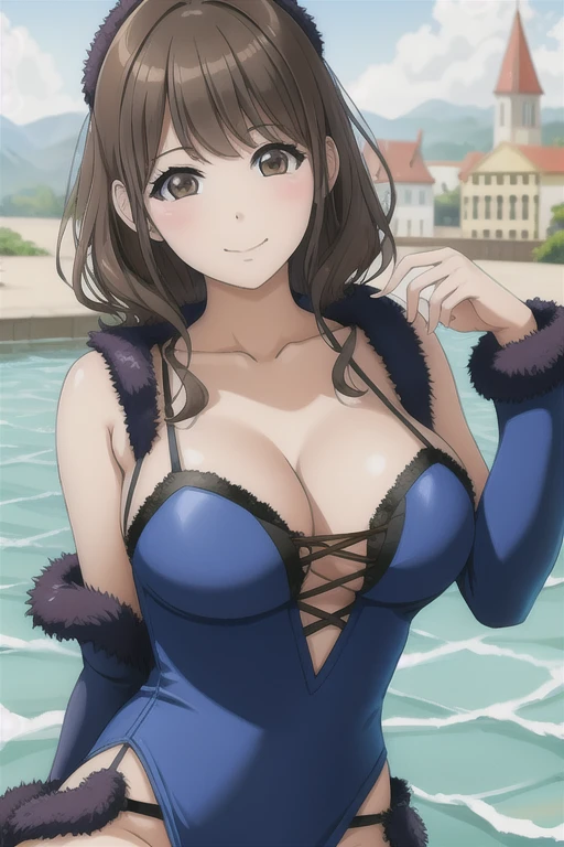 (masterpiece, Highest quality:1.2), Sharp focus,
Shiny skin, One girl, alone, 
Mama RPG, Brown eyes,
(Wearing oversized_fur, aqua fur coat, :0.9),
View your viewers, smile, Mouth closed,
(Huge breasts:0.85), 
Floating Island,
