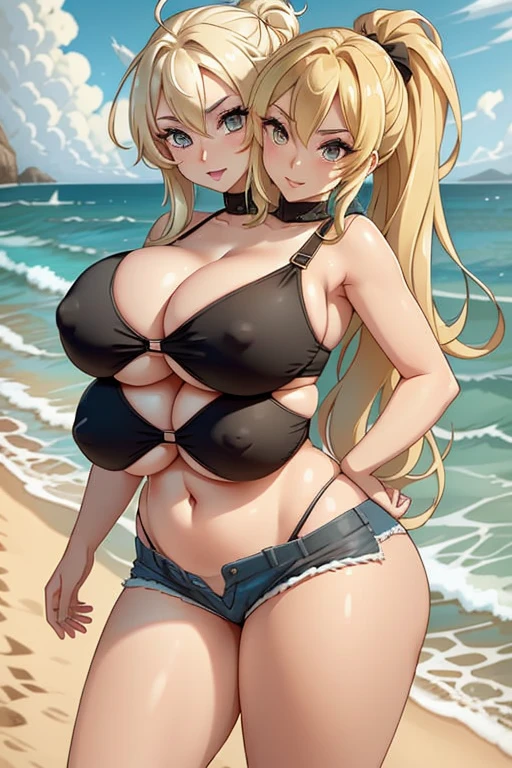 2heads, a tall chubby woman with 2 heads. She has four giant breasts. She is outside at a beach bar. She is wearing a colorful bikini top and jean shorts. She has long blonde hair in a ponytail. She has four huge breasts. She is relaxed. She looks mature. She is extremely tall. She looks happy, seductive expression. She has two legs with thick thighs. She is wearing eyeliner. Bimbo.