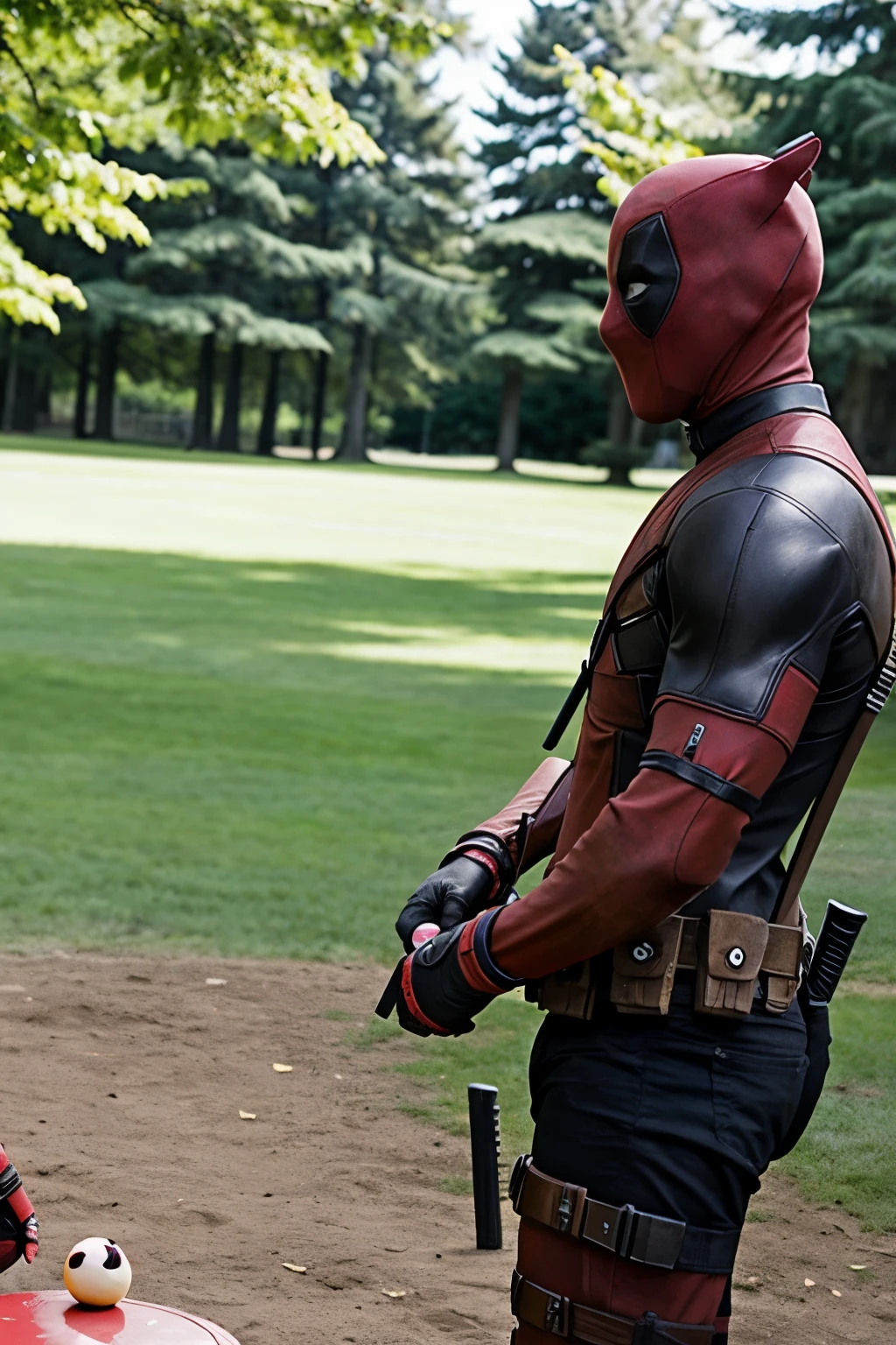 deadpool and Cinnamonroll jugando en un parque