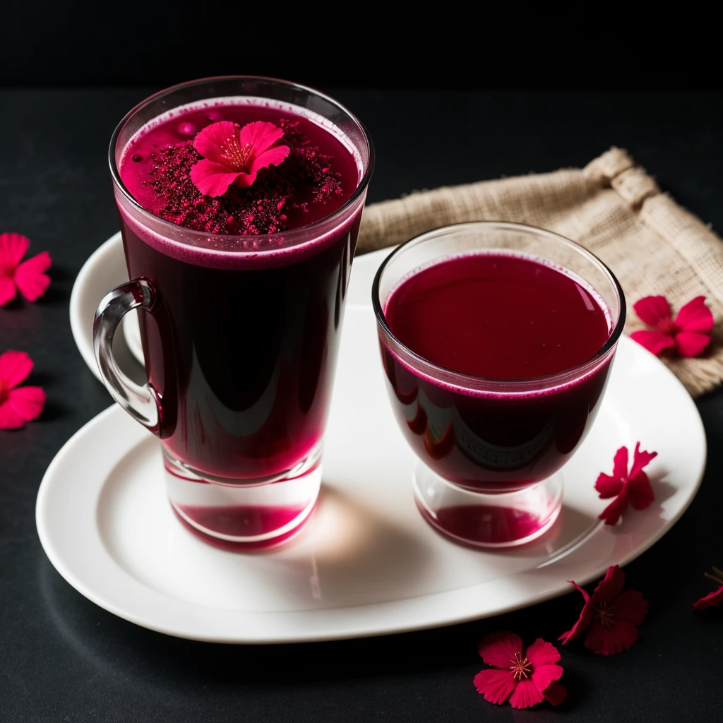 put a professional black background  , On this side is a transparent cup with hibiscus tea. , that most of the bottom is empty and the cup has to be in the corner ,


