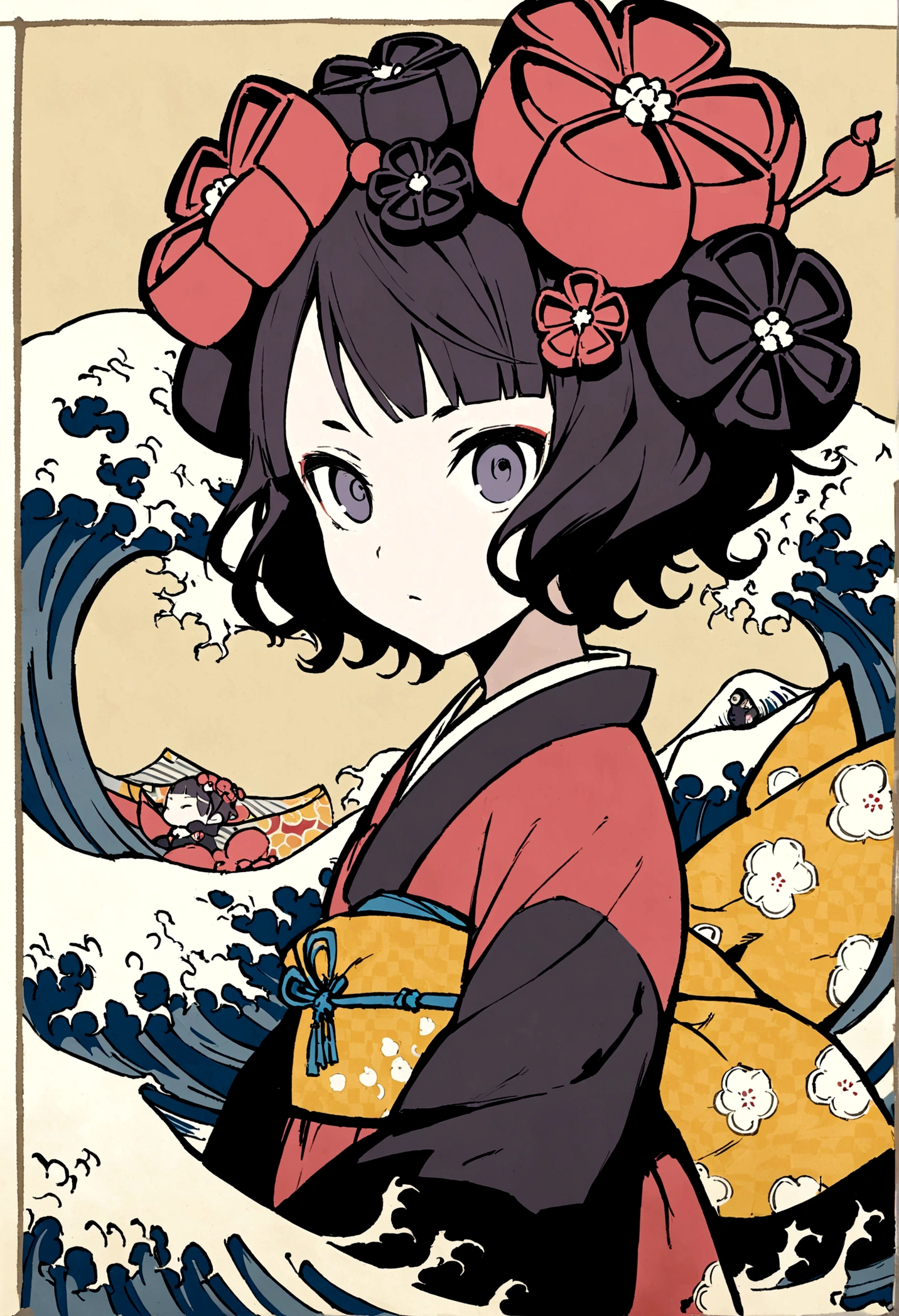 Katsushika Hokusai's daughter, ukiyoe, short hair, delicate and detailed, waves and Fuji, high quality, high image quality, Katsushika Hokusai, Utagawa Kuniyoshi, delicate and detailed, Ukiyoe style, girl
