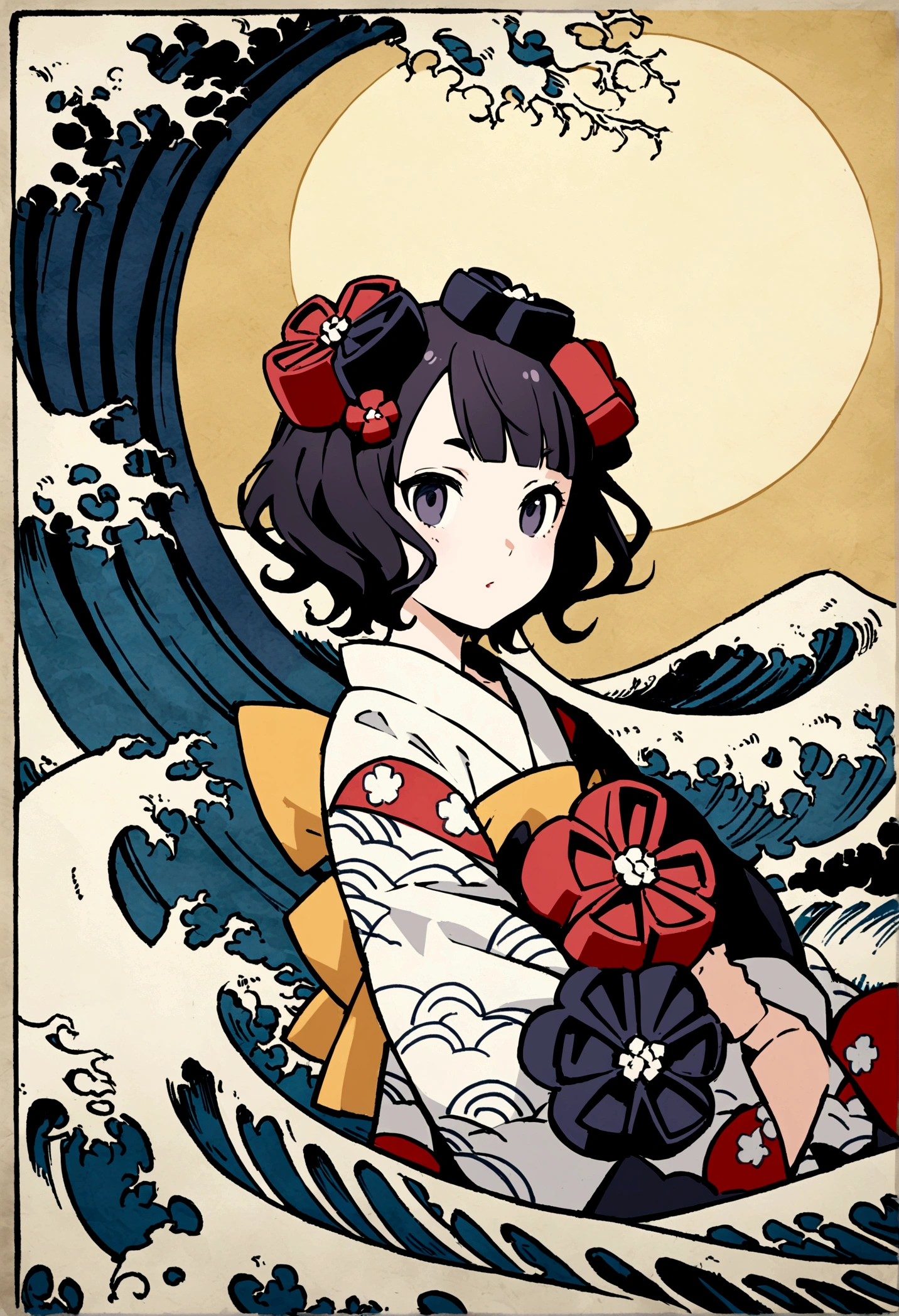 Katsushika Hokusai's daughter, ukiyoe, short hair, delicate and detailed, waves and Fuji, high quality, high image quality, Katsushika Hokusai, Utagawa Kuniyoshi, delicate and detailed, Ukiyoe style, girl