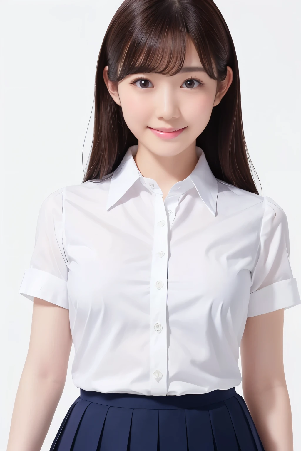 (Highest quality、Tabletop、8K、Best image quality、Award-winning works)、Beautiful girl、(White polyester collared shirt:1.2)、(Navy Pleated Skirt:1.2)、Female portrait photography、Glowing Skin、Brown Hair、Standing Elegantly、(The simplest pure white background:1.2)、(Large Breasts:1.2)、(Accentuate your body lines:1.1)、(Face close-up:1.1)、(Slightly pregnant:1.1)