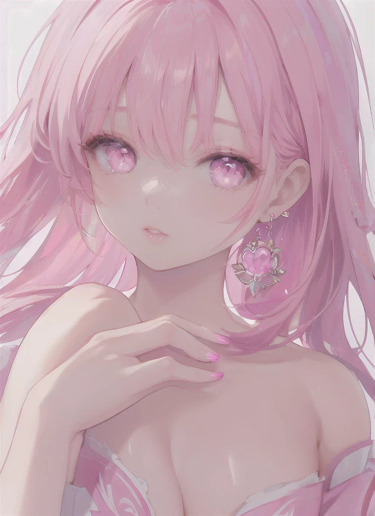 One girl, alone, View your viewers, Pink Hair, Earrings, jewelry, Pink Eyes, Part your lips, Pink Nails, bangs, Upper Body, Manicure,  shoulders, High Style, Beautiful Eyes