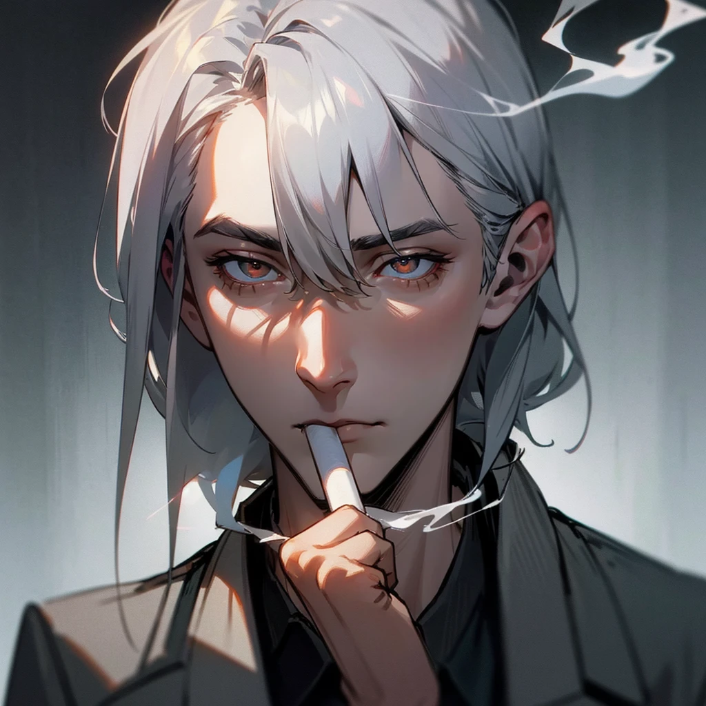 detailed portrait of a young man with shoulder-length silver hair, smoking a cigarette, looking tired and with empty eyes, hyper-realistic, 8k, intricate details, cinematic lighting, dramatic atmosphere