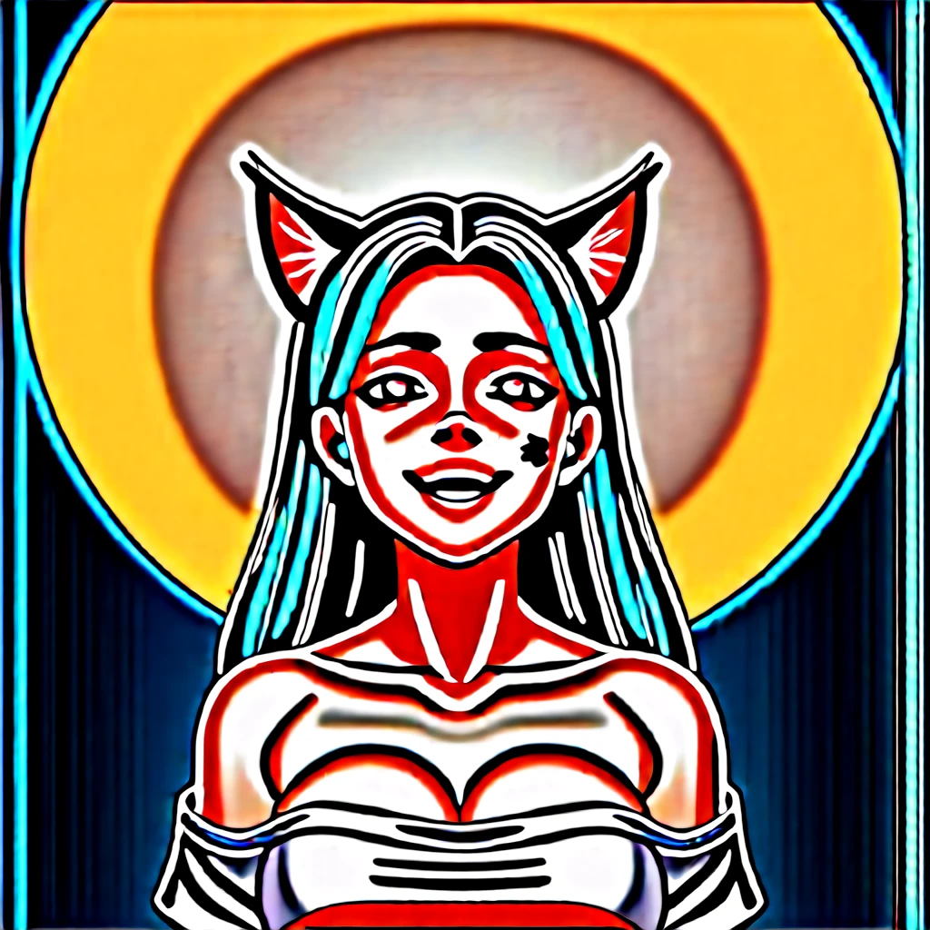 (masterpiece, best quality), ((1girl, (mature female) long hair), (star-shaped pupils, +_+, symbol-shaped pupils, sparkling eyes), (cat ears, open open mouth)), (looking at viewer, light smile, off shoulder), (abstract, multicolored background, abstract background, chromatic aberration), vampire, blood on face, blood on clothes, bat wings