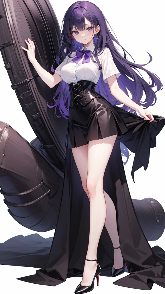 Purple Hair,long hair,Adult female,(suit),White Y-shirt,((Rolling up his sleeves)),(corset),(Black tight skirt),(High heels),Heels are visible,((Simple white background)),smile,((whole body)),((full body)),((((Blank white background))))