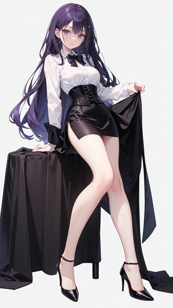 Purple Hair,long hair,Adult female,(suit),White Y-shirt,((Rolling up his sleeves)),(corset),(Black tight skirt),(High heels),Heels are visible,((Simple white background)),smile,((whole body)),((full body)),((((Blank white background))))