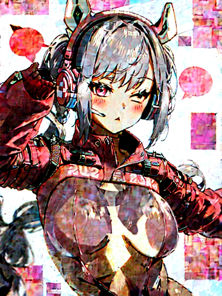 One girl, Animal ears, bangs, blush, Bodysuits, chest, Mouth closed, fake Animal ears, gloves, Headphones, headset, Horse's ears, Impossible clothes, Jacket, large chest, Long Hair, Long sleeve, View your viewers, pink Bodysuits, Pink Eyes, Simple Background, Fits perfectly to the skin, smile, alone, Twin tails, Upper Body, very Long Hair, White Background, white gloves, Gray Hair,Alice \(Nod\),(masterpiece:1.4),(Highest quality:1.4),(Shiny skin),Realistic