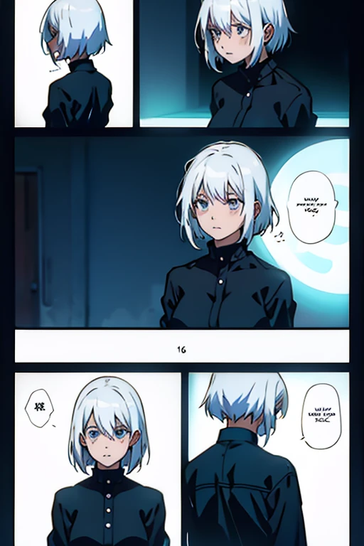 Girl with short white hair small and really skinny, dying of a sickness, manga page with panels and dialogue