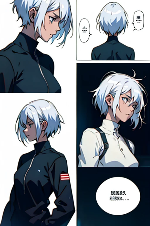 Girl with short white hair small and really skinny, dying of a sickness, manga page with panels and dialogue    