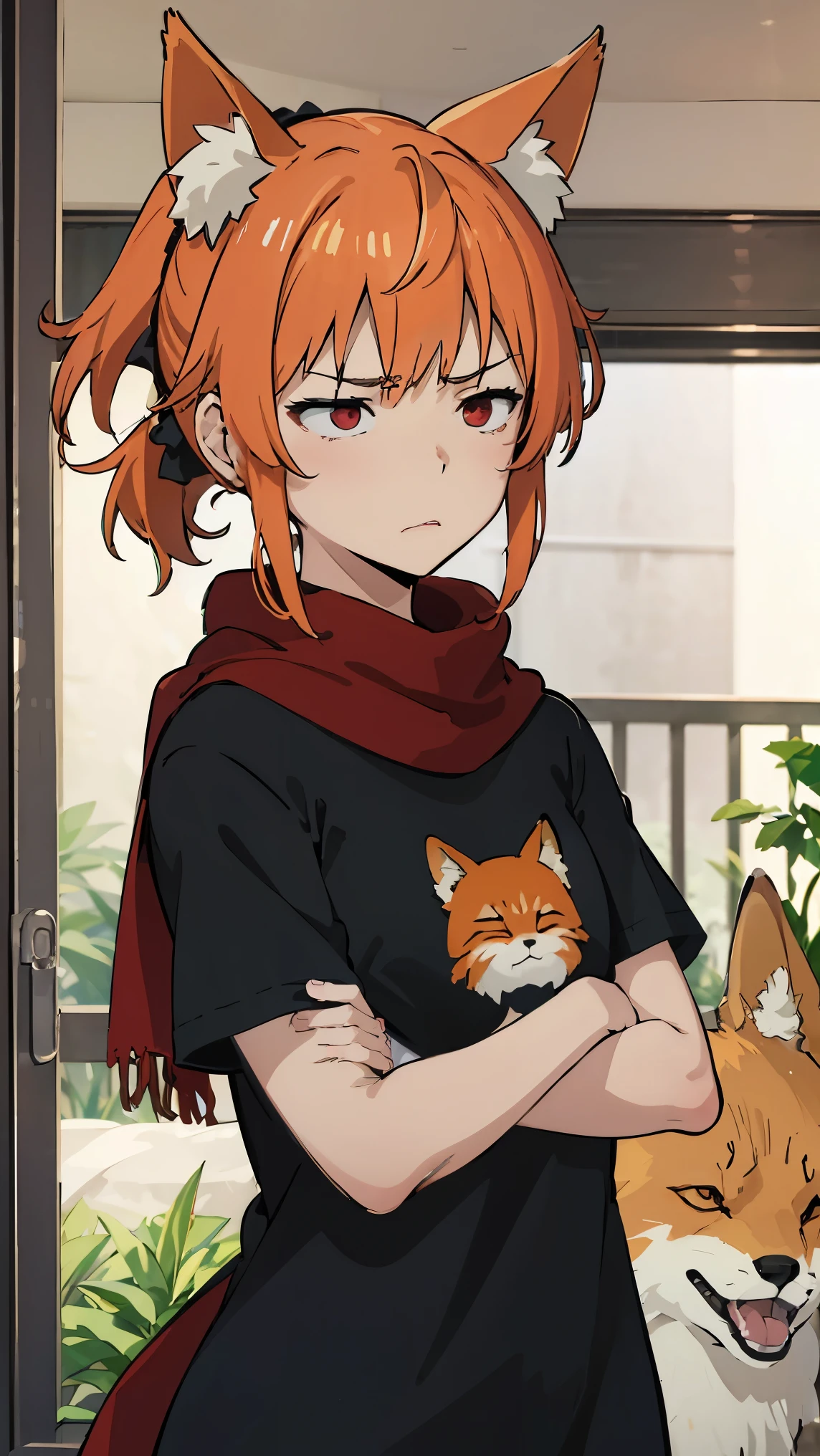 1girl, v-shaped eyebrows, wild ponytail hair, red scarf, orange hair, red eyes, fox ears, small breast, annoyed face, wallpaper, landscape, depth of field, morning, living room, glance left, crossed arms, light particles, light rays, sidelighting, (black t-shirt),  