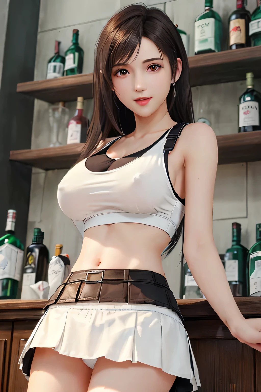 Browsing Caution, (((Lift up your shirt:1.5, Showing ))), ((Skirt flip, Showing white :1.4)), (Highest quality, masterpiece), (((FF7,Tifa_Lockhart))), rocket , (((Hanging, Tank top, Black-haired, Hair length, Elbow Handbags))), ((Beautiful and detailed red eyes)), (Beautiful highlights for red eyes)),  Light, belly button, High exposure, (((Tight ))), ((Skirt flip, Showing white :1.4)),  abdomen. rib, Abdominal muscles, Browsing Caution, Lift up your shirt:1.5, (Showing ), ((Skirt flip, Showing white :1.4)), (alone), (bar counter), (Back bar), (Liquor bottles line the wall:1.5), Wall-mounted shelves, Highly detailed face, (((FF7,Tifa_Lockhart))), (Black brown hair, Large Breasts: 1.8),Browsing Caution, (Showing ), Around 18 years old,cute, (Captivating smile:1.3), Browsing Caution, Lift up your shirt:1.5, (Showing ), ((Skirt flip, Showing white :1.4))