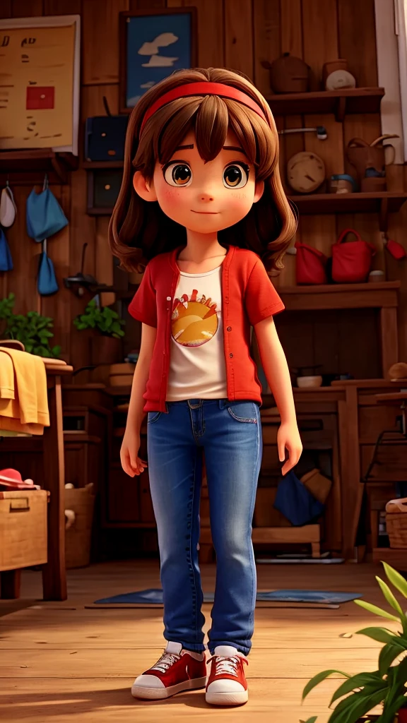 Clara is a girl, with brown hair in the middle of the back, with a red headband and brown eyes. Wear blue jeans, red sneakers and red t-shirt. Clara finds herself in the beautiful garden of her grandmother's house, an old and very shiny golden key.