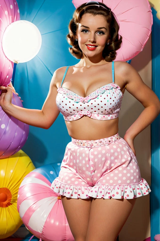 photo brunette pinup holding big lollipop bright light colors pastel  with polka dots posing in pinup marelyn monroe style sexy